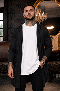 CARDIGAN MASCULINO PRETO LONGO COM CAPUZ E BOLSOS