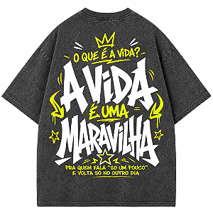 CAMISETA OVERSIZED PRETA ESTONADA AFTER O QUE É A VIDA? A VIDA É UMA MARAVILHA