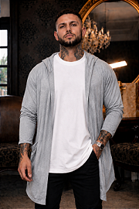 CARDIGAN MASCULINO CINZA LONGO COM CAPUZ E BOLSOS