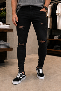 CALÇA JEANS PREMIUM SKINNY JEANS DESTROYED PRETO ELASTANO AFTER