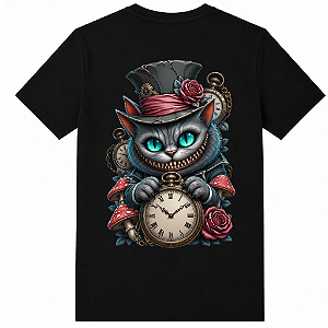 CAMISETA SLIM PRETA GATO ALICE CHAPELEIRO ELASTANO ALGODÃO AFTER RAVE
