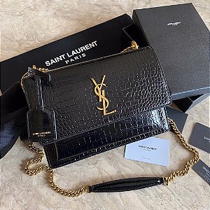 Bolsa Saint Laurent Sunset "Black Crocodile/Gold"