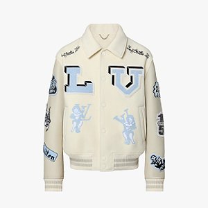 Jaqueta Louis Vuitton Varsity em Couro Bordada "Multi-Patches Mixed/Milky White"