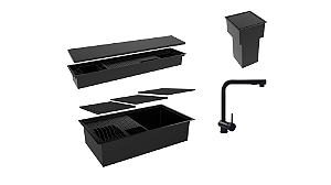 Kit Cuba Com Calha Úmida Integrada 75x40cm C/ Tampas + Calha 90cm + Lixeira 5l + Torneira Preta