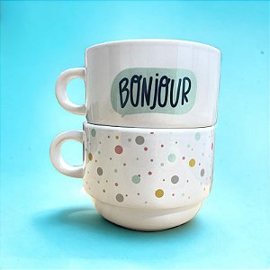 Kit 2 xícaras Bonjour + Suporte