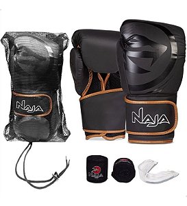 Kit Muay Thai Boxe Naja Luva Black Line  Pta e Dourada 14 Oz