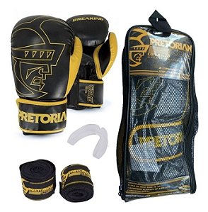 Kit Muay Thai Boxe Pretorian Luva Core Preta E Amarela 14 Oz