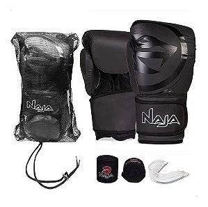 Kit Muay Thai Boxe Naja Luva+ Bandagem + Bucal Preta 14 OZ