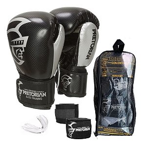 Kit Muay Thai Boxe Pretorian Luva Elite Pta e Prata 14 Oz