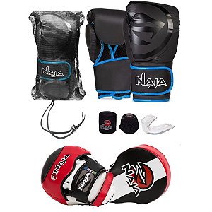 Kit Muay Thai Boxe Naja Luva Azul 14 OZ + Luva Manopla Foco