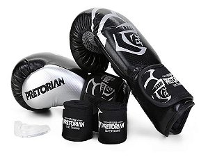 Kit Conjunto Luva Boxe Muay Thai Pretorian Preto/prata 14 oz