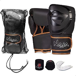 Kit Boxe Muay Thai Naja Preto/Dourado 16oz