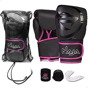 Kit Luva Muay Thai Boxe Naja Black Line 10 Oz Bucal Bandagem