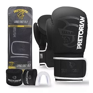 Kit Luva Boxe e Muay Thai First FX2 Pretorian Preto e Prata