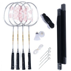 Kit Badminton Yonex GR-303 com 4 Raquetes Rede e 2 Petecas