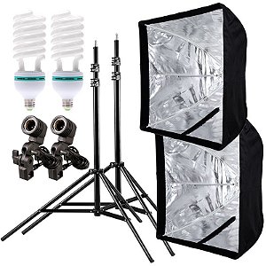 Kit de Iluminação V460 - 2 Tripés 2,5 m + 2 Suportes de Sombrinha E-27 + 2 Softbox 60x60cm + 2 Lâmpadas 150W