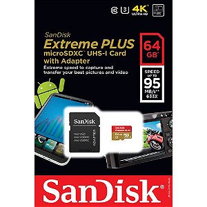 Cartão de Memória SanDisk 64GB UHS-I Extreme PLUS microSDXC U3 Classe 10 - 95mb/s