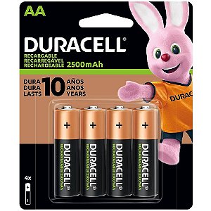 Pilhas Duracell 2500mAh AA Recarregáveis (kit com 4 unidades)
