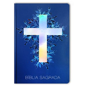 BÍBLIA NA63M CRUZ PRATA Letra normal CAPA DURA AZUL