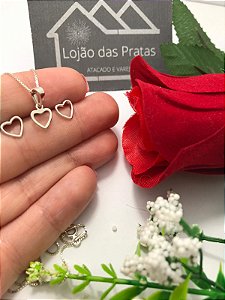 Conjunto - Corrente veneziana com Pingente e Brincos em coração vazado de Prata 925