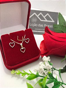 *Conjunto - Corrente veneziana com Pingente e Brincos em coração vazado de Prata 925*