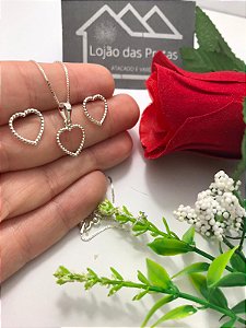 Conjunto - Corrente veneziana com Pingente e Brincos em coração vazado de Prata 925
