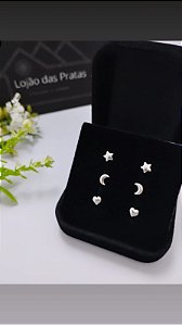 *Trio de Brinco MIni Coração / Estrela / Lua em prata 925*