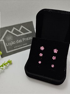 *Trio de Brinco com pedra zircônia rosa em prata 925*