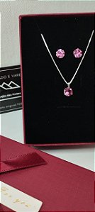 *Conjunto Rosa - Corrente 45cm / Brinco ponto de Luz 7mm / Pingente 7mm em prata 925*