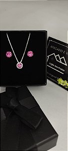 *Conjunto Rosa - Corrente 45cm / Brinco ponto de Luz 7mm / Pingente 7mm em prata 925*