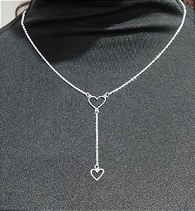 Colar longo Duplo Coração 48cm em prata 925