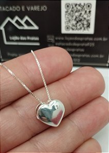 Colar Coração com Pedra Lateral 45cm em Prata 925