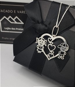 Conjunto Corrente Veneziana + Pingente Menino e Menina em Prata 925