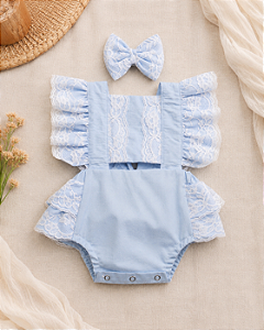 Romper Infantil Frozen Azul Bebê com Rendinha + Laço