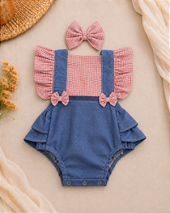 Romper Bebê Festa Junina com Jeans e Laço