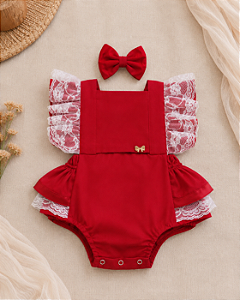Romper Natalino Vermelho com Rendinha para Bebê Menina
