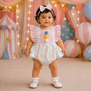 Romper Bebê Menina Palhacinha Circo com Laço