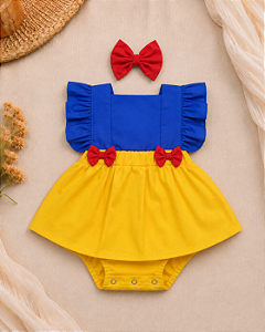 Romper Branca de Neve Azul com Saia para Bebê Menina