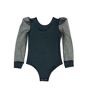 Bory Infantil Manga Longa Bufante de Tule em Glitter - Preto