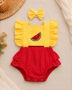 Romper Melancia com Laço para Bebê Menina