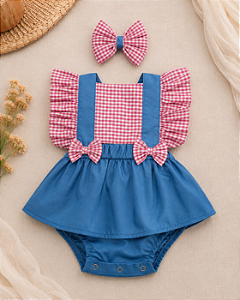 Romper Festa Junina Jeans com Saia para Bebê Menina.