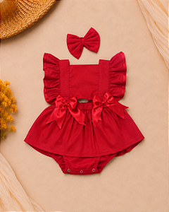 Romper Natalino com Saia e Lacinho para Bebê Menina