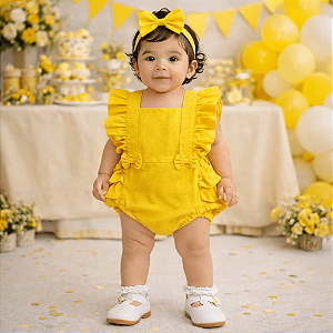 Romper Bebê Menina Amarelo Liso Minimalista com Faixa
