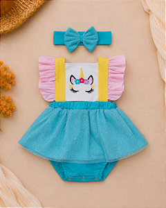 Romper Unicórnio com Faixa para Bebê Menina