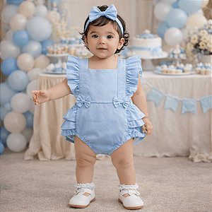 Romper Azul Bebê liso Tricoline 100% Algodão