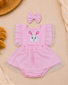 Romper Jardineira Coelhinha da Páscoa com Saia para Bebê Menina