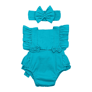 Romper Bebê Azul Turquesa Liso Tricoline 100% Algodão