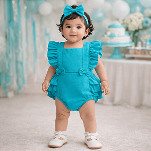 Romper Bebê Menina Azul Turquesa Liso Minimalista com Faixa