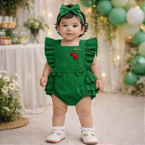 Romper Bebê Menina Cerejinha Verde com Faixa