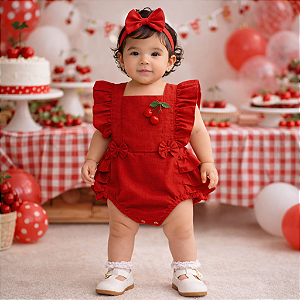 Romper Bebê Menina Cerejinha Vermelho com Faixa